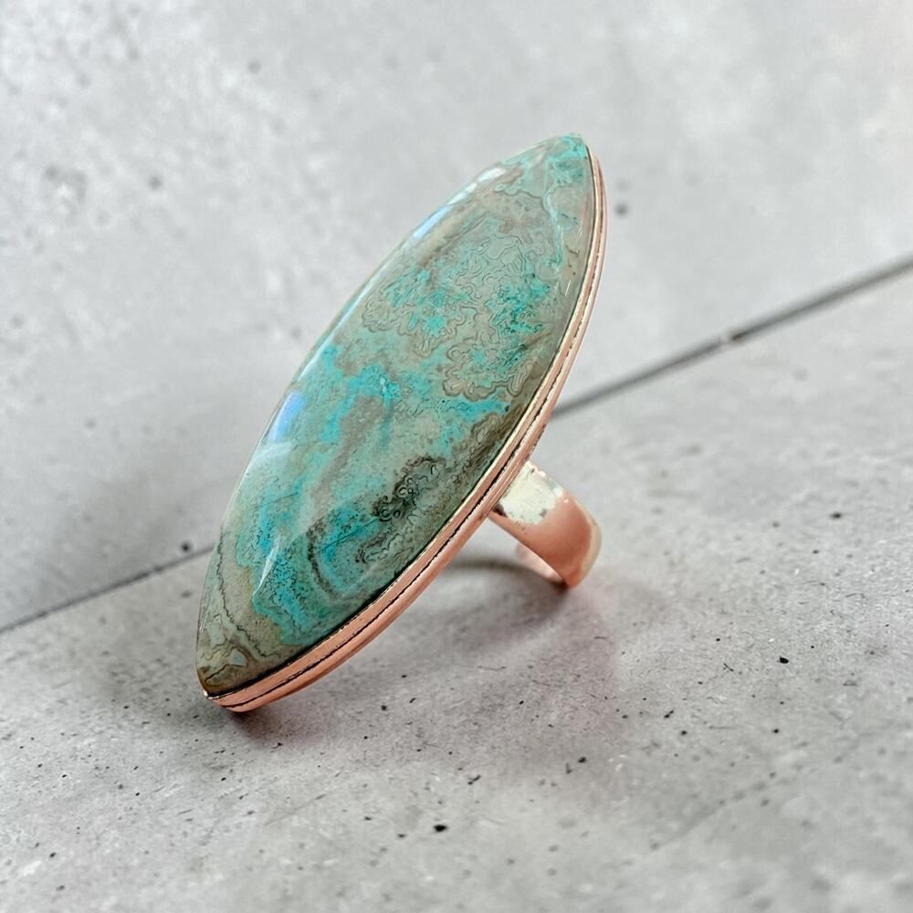 Mexican Laguna Blue Stone Ring 925 Silver Plated Statement Size 9.5